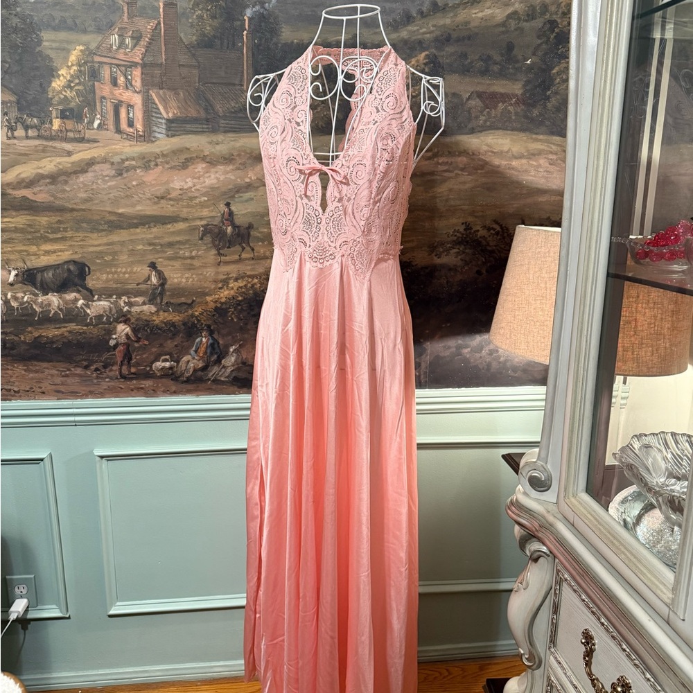 (S) VTG Glydons Womens Maxi Length Nylon Nightgown Pink Lace with Sheer Top